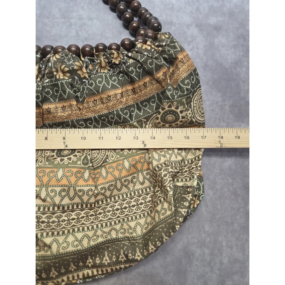 Bohemian Hippie Hobo Beaded Handle Green Floral Patterned Whimsical Bag